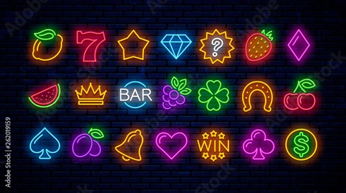 Vector set of neon gaming icons for casinos. Neon signs for slot machines.