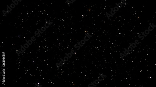Night starry skies with twinkling and blinking stars. Abstract dark 3D illustration with glowing stars or particles. Space science background of black sky in starry night in UHD 4K