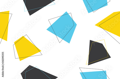 Seamless, abstract background pattern made with trapezoids in blue, yellow and grey colors. Modern, trendy, playful vector art.
