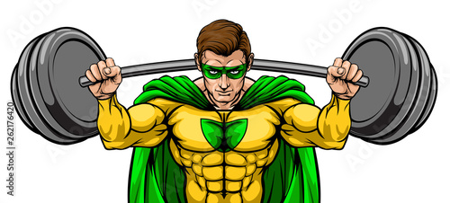 Superhero cartoon sports mascot weightlifter super hero character lifting very large barbell weight