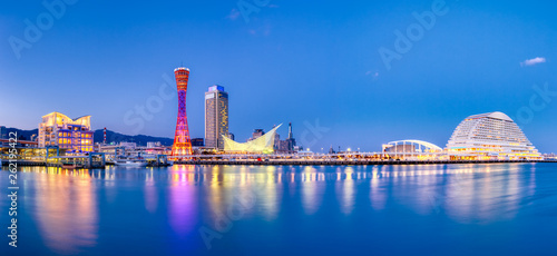 Port of Kobe skyline at night in Kansai, Japan - Panoramic view