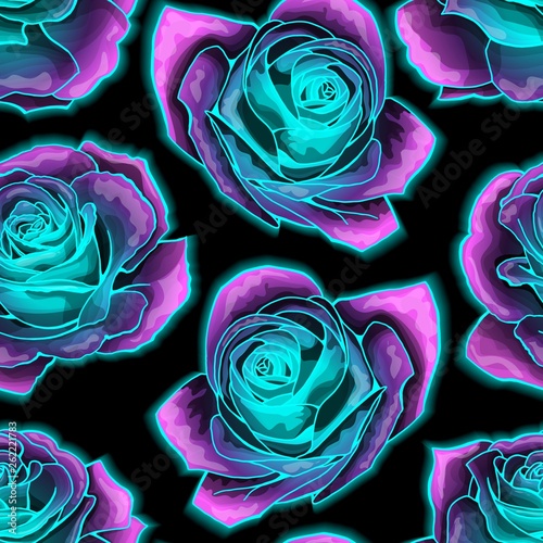 Vector seamless pattern with mysterious neon glowing roses background