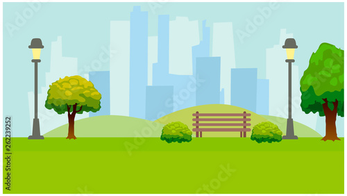 City Park, lights, trees, bench. Green horizontal background