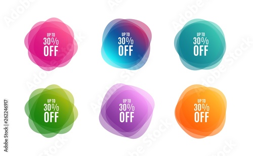 Blur shapes. Up to 30% off Sale. Discount offer price sign. Special offer symbol. Save 30 percentages. Color gradient sale banners. Market tags. Vector