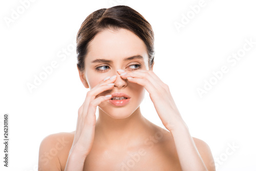 beautiful naked woman touching nose after rhinoplasty isolated on white