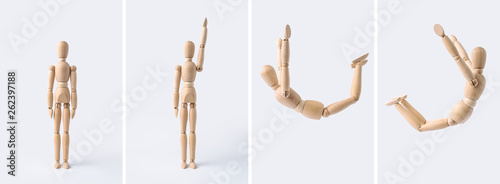 collection of wooden mannequin on white background
