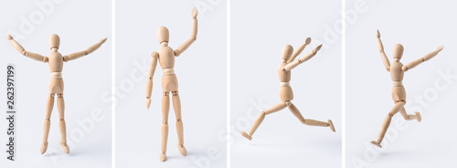 collection of wooden mannequin on white background