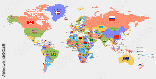 Color world map with the names of countries and national flags. Political map. Every country is isolated.