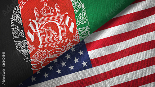 Afghanistan and United States two flags textile cloth, fabric texture