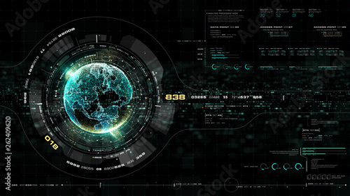 Futuristic motion graphic user interface head up display screen with Holographic Earth and digital data telemetry information display for digital background computer desktop display screen