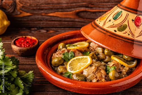 Traditional Moroccan chicken tagine with olives and salted lemons