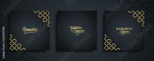 Ramadan Kareem greeting cards set. Ramadan holiday invitations templates collection with hand drawn lettering and gold arabic pattern. Vector illustration.