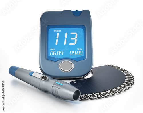 Blood glucose meter with strips isolated on white background. 3D illustration