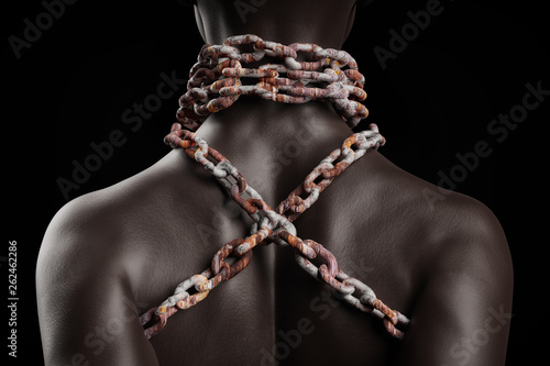 Female afro american slave with heavy rusty chain around her neck
