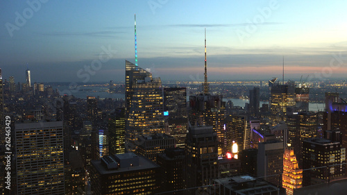 New York, Usa:Aerial view of Manhattan midtown and downtown skyscrapers ar sunset and dusk time