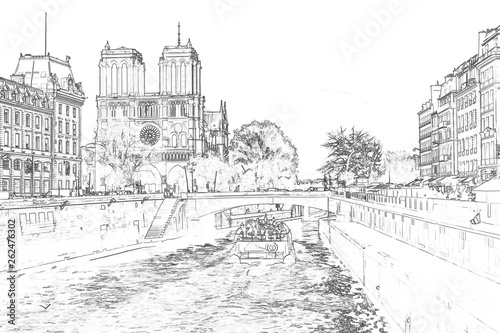 Illustration, in sketch style, of Notre Dame de Paris and a boat on Seine river - Paris, France