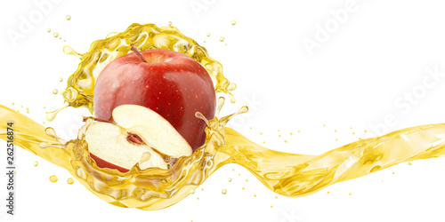 Fresh ripe apple, apple slice and juice or cider vinegar splash wave. Fruit healthy drink liquid design element. Tasty red apple fruit juice splashing isolated, detox concept. Clipping path. 3D render