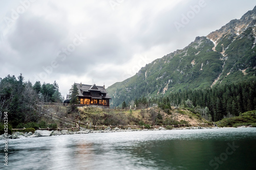 Warm wooden shelter by Morskie Oko Lake in Tatra Mountains, Poland