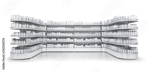 Shelves gondola rack with blank goods in the store. Set of 3d images isolated on white.