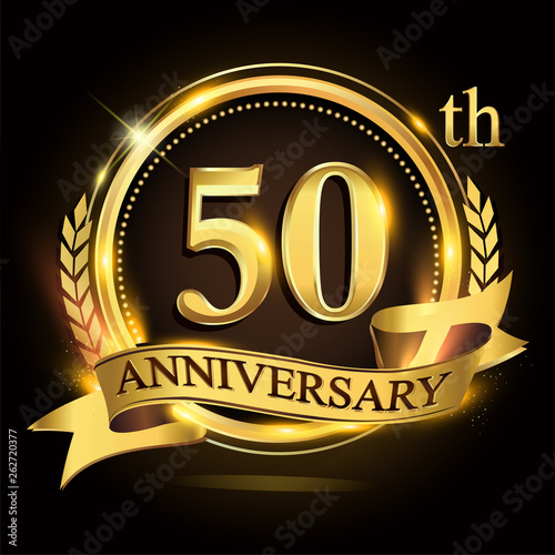 50th golden anniversary logo with ring and ribbon, laurel wreath vector design.