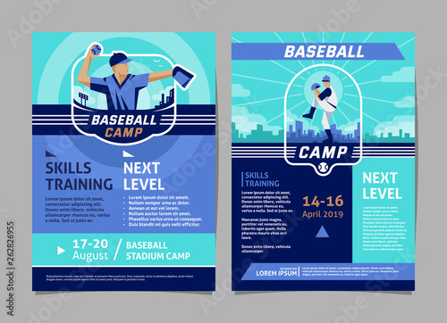 Baseball camp poster, flyer collection - vector flat geometric design