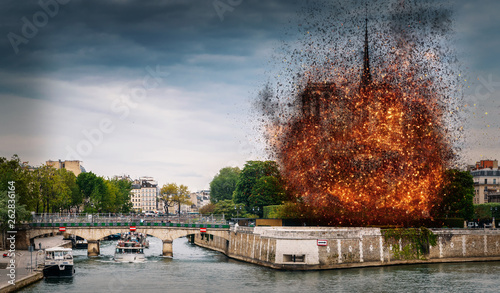 Digital concept of early stages of Notre Dame Cathedral fire, which occured on April 15, 2019 in Paris, France