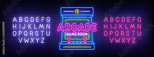 Arcade Games neon sign, bright signboard, light banner. Game logo, emblem and label. Neon sign creator. Neon text edit
