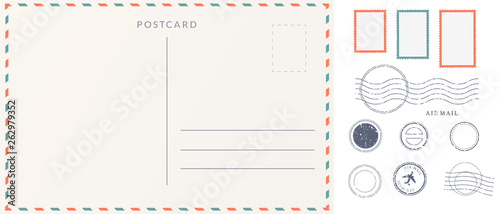 Elements for empty postcard back. Postage stamps and imprints. Travel card design set.