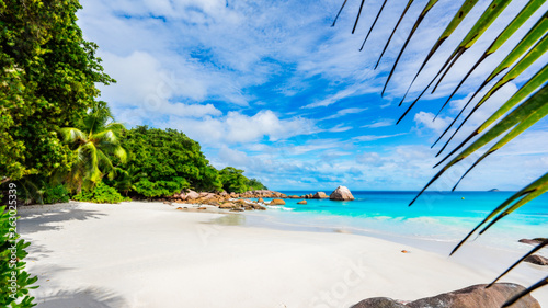 Paradise beach.White sand,turquoise water,palm trees at tropical beach,seychelles 2