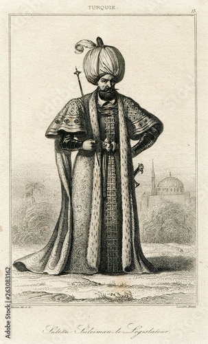 Sultan Suleiman Magnificent Ottoman Empire Turkey Turkish Antique Engraving 1840