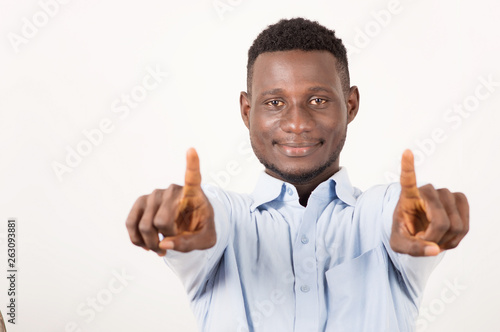 smiling man with hands gesture isolated on white background