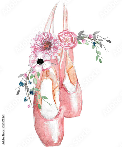 Watercolor illustration of pointe shoes with a floral arrangement
