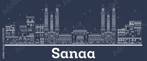 Outline Sanaa Yemen City Skyline with White Buildings.