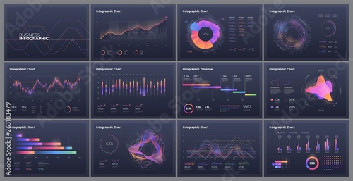 Dashboard infographic template with big data visualization. Pie charts, workflow, web design, UI elements.