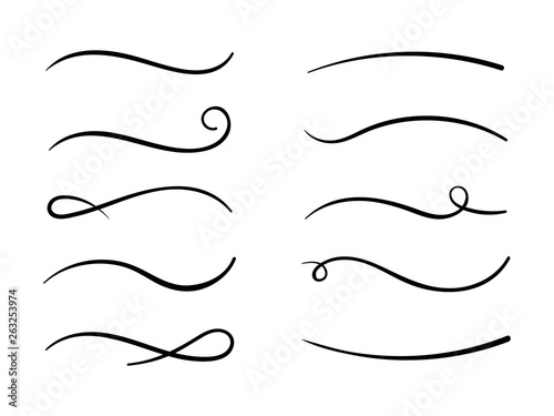 Hand drawn collection of curly swishes, swashes, swoops. Calligraphy swirl. Highlight text elements