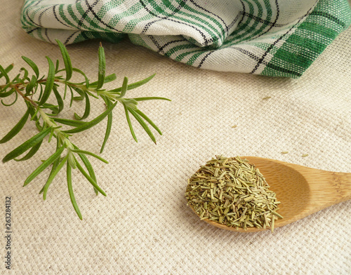 Dry rosemary on wooden spoon with fresh green rosemary twigs on canvas background. Beautiful rustic with green rosemary twigs, wooden spoon on colorful background for concept design. Healthy food