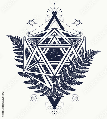 Icosahedron and fern. Mathematical art. Esoteric symbol physics, science and chemistry. Alchemy philosophers stone concept. Sacred geometry tattoo and t-shirt design