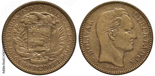 Venezuela Venezuelan golden coin 20 twenty bolivares 1880, shield with designs flanked by sprigs, two crossed horns of plenty above, ribbon with motto below, head of Simon Bolivar right,