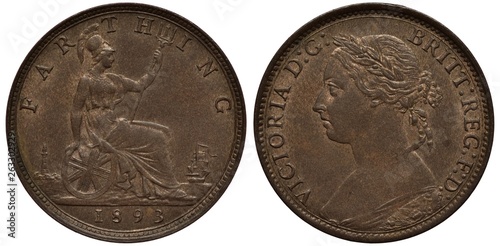 Great Britain British copper coin 1 one farthing 1893, seated Britannia holding oval shield and trident, small lighthouse at left and sailing ship at right, laureate head of Queen Victoria left,