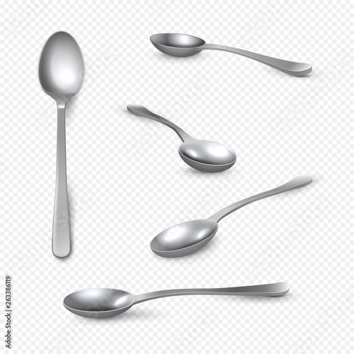 Realistic metal spoon. 3D silver teaspoon isolated on white, stainless steel shiny tablespoon. Vector isometric set table utensils of realistic spoon