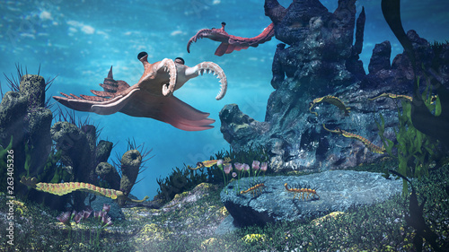 creatures of the Cambrian period, underwater scene with Anomalocaris, Opabinia, Hallucigenia, Pirania and Dinomischus (3d science illustration)