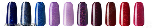 Nail polish with glitter in fashion different pastel color. Colorful nail lacquer in tips isolated white background