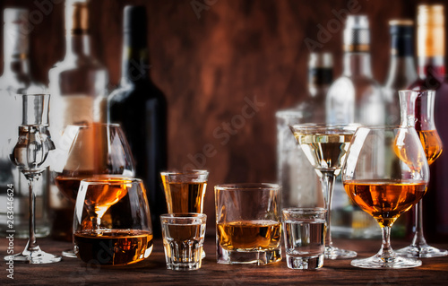 Strong Spirits Set. Hard alcoholic drinks in glasses in assortment: vodka, cognac, tequila, brandy and whiskey, grappa, liqueur, vermouth, tincture, rum. 