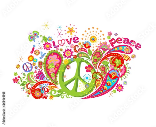 Psychedelic colorful print with hippie peace symbol, flower-power, love, peace and joy word, butterfly and paisley