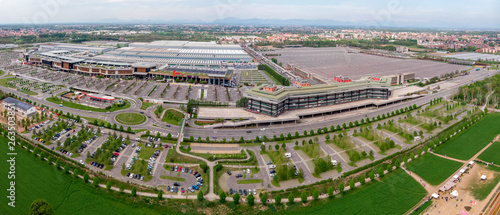 Aerial view of the Arese shopping center. The center. Shopping pole, famous brands. Alfa Romeo complex, the plant was one of the production sites of the Italian car. 04/21/2019. Arese. Milan, Italy