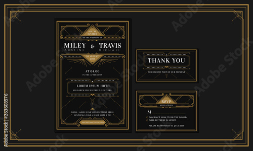 Classic Black Premium Vintage Style Art Deco Engagement / Wedding Invitation with gold color with frame. Include Thank you Tags and RSVP. Vector Illustration - Vector