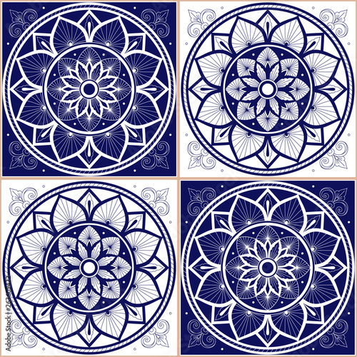 Delft dutch tile pattern vector seamless with square ornament. Portugal azulejos, mexican talavera, italian sicily majolica or spanish ceramic. Mosaic texture for bathroom floor or kitchen wall.