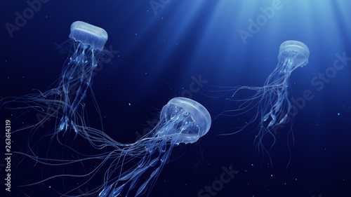 3d illustration of jellyfishes swimming in deep ocean