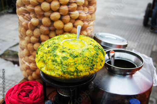 Close-up of pani puri stall, typical Indian snack, Pune, Maharashtra.