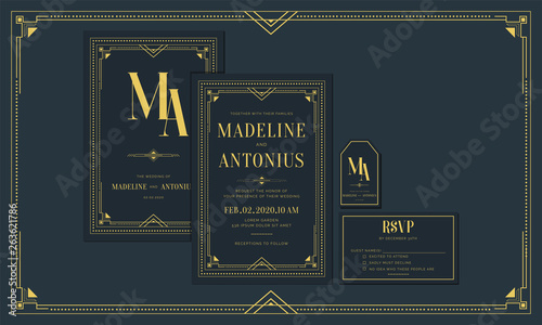 Classic Navy Premium Vintage Style Art Deco Engagement / Wedding Invitation with gold color with frame. Include Thank you Tags and RSVP. Vector Illustration - Vector - Vector